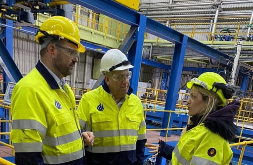 Miriam Cates MP in hard hat at a visit to Liberty Steel