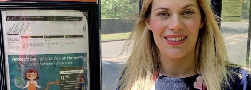 Miriam Cates MP by bus stop Penistone and Stocksbridge
